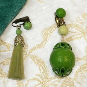 Japan Vintage Green Clip Earrings Married Complementary Mix Match Funky Pair